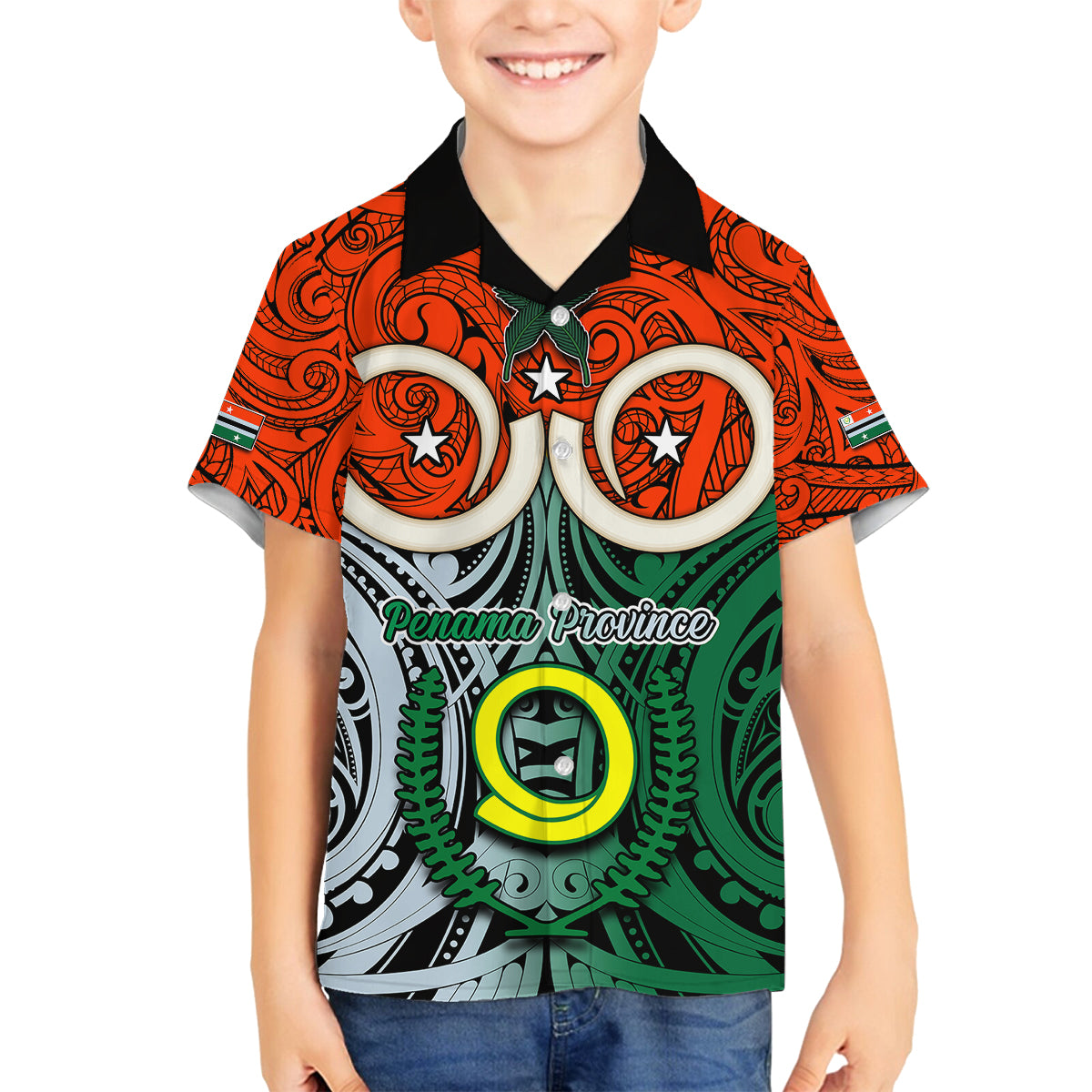 Vanuatu Penama Province Family Matching Off Shoulder Maxi Dress and Hawaiian Shirt Pig Tusk Mix Maori Pattern and Namele Leaf LT03 Son's Shirt Orange - Polynesian Pride