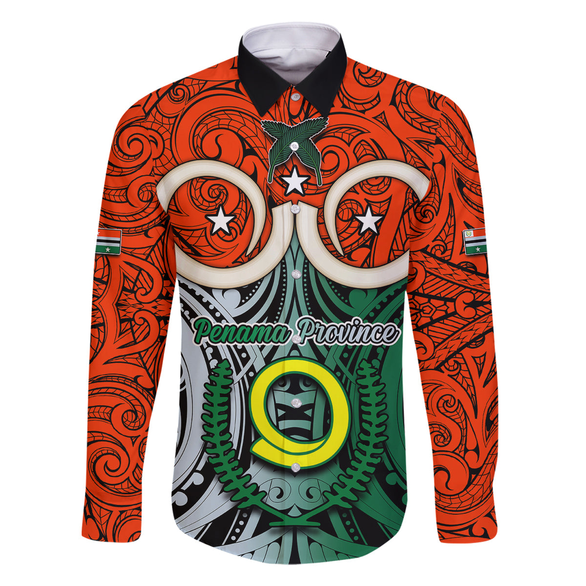 Vanuatu Penama Province Family Matching Short Sleeve Bodycon Dress and Hawaiian Shirt Pig Tusk Mix Maori Pattern and Namele Leaf LT03 Dad's Shirt - Long Sleeve Orange - Polynesian Pride