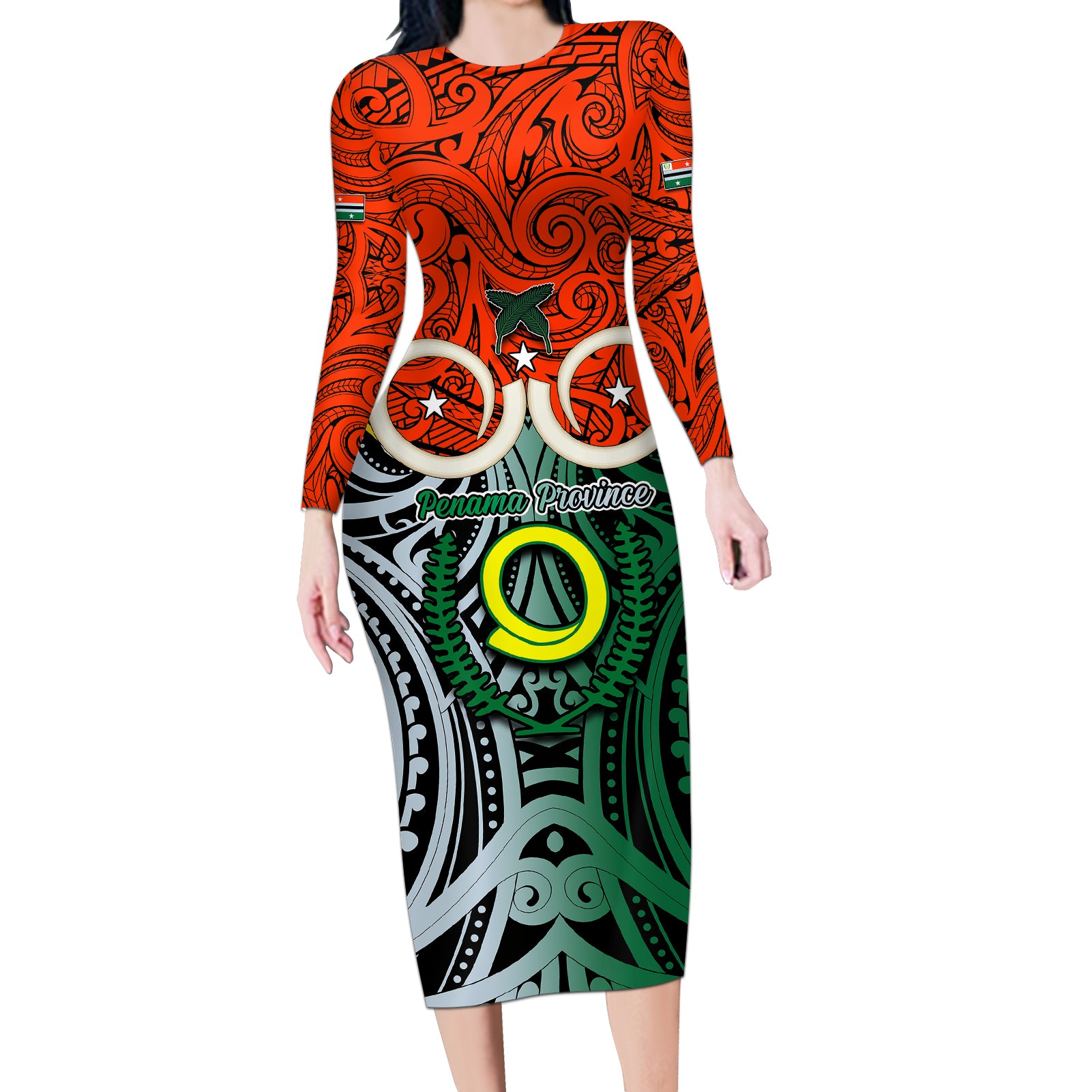 Vanuatu Penama Province Long Sleeve Bodycon Dress Pig Tusk Mix Maori Pattern and Namele Leaf LT03 Long Dress Orange - Polynesian Pride