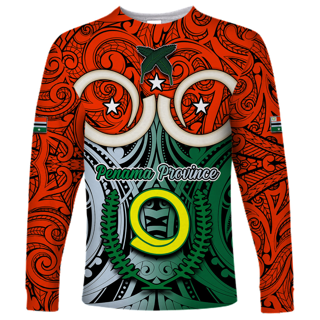 Vanuatu Penama Province Long Sleeve Shirt Pig Tusk Mix Maori Pattern and Namele Leaf LT03 Unisex Orange - Polynesian Pride