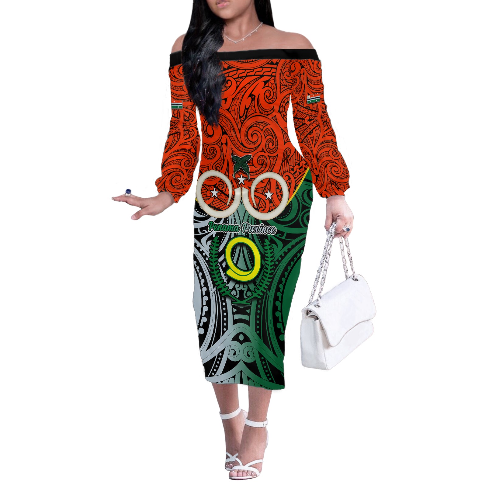 Vanuatu Penama Province Off The Shoulder Long Sleeve Dress Pig Tusk Mix Maori Pattern and Namele Leaf LT03 Women Orange - Polynesian Pride