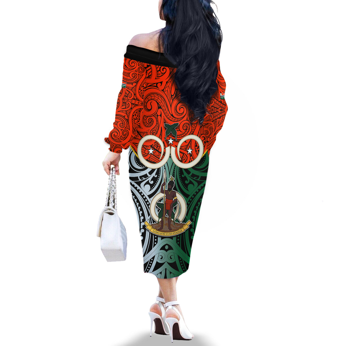 Vanuatu Penama Province Off The Shoulder Long Sleeve Dress Pig Tusk Mix Maori Pattern and Namele Leaf LT03 - Polynesian Pride