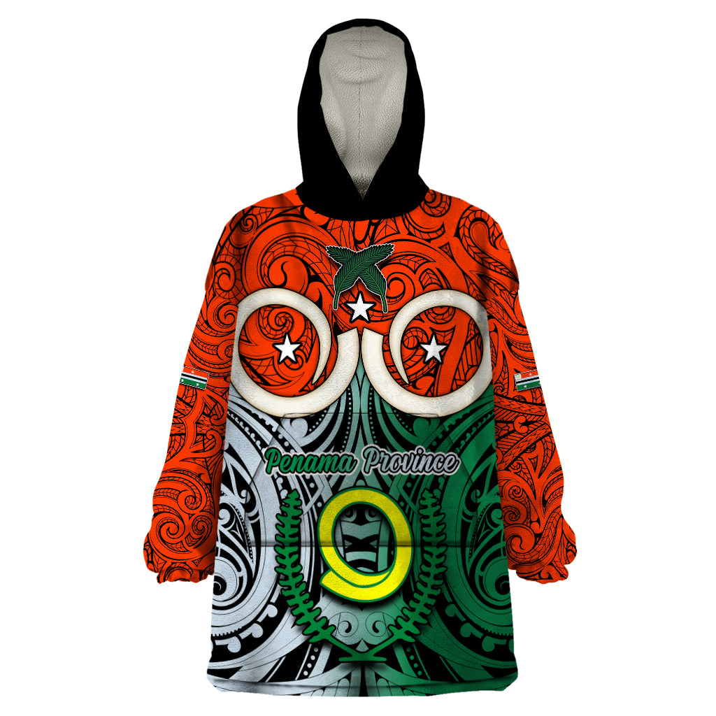 Vanuatu Penama Province Wearable Blanket Hoodie Pig Tusk Mix Maori Pattern and Namele Leaf LT03 One Size Orange - Polynesian Pride