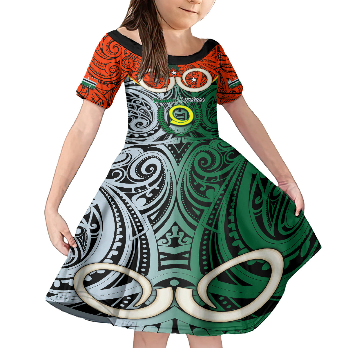 Personalised Vanuatu Penama Province Family Matching Mermaid Dress and Hawaiian Shirt Pig Tusk Mix Maori Pattern and Namele Leaf LT03 Daughter's Dress Orange - Polynesian Pride