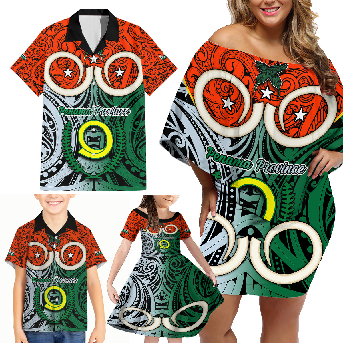 Personalised Vanuatu Penama Province Family Matching Off Shoulder Short Dress and Hawaiian Shirt Pig Tusk Mix Maori Pattern and Namele Leaf LT03 - Polynesian Pride