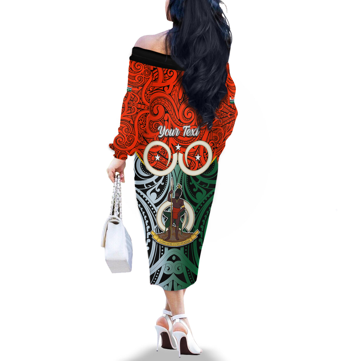 Personalised Vanuatu Penama Province Off The Shoulder Long Sleeve Dress Pig Tusk Mix Maori Pattern and Namele Leaf LT03 - Polynesian Pride