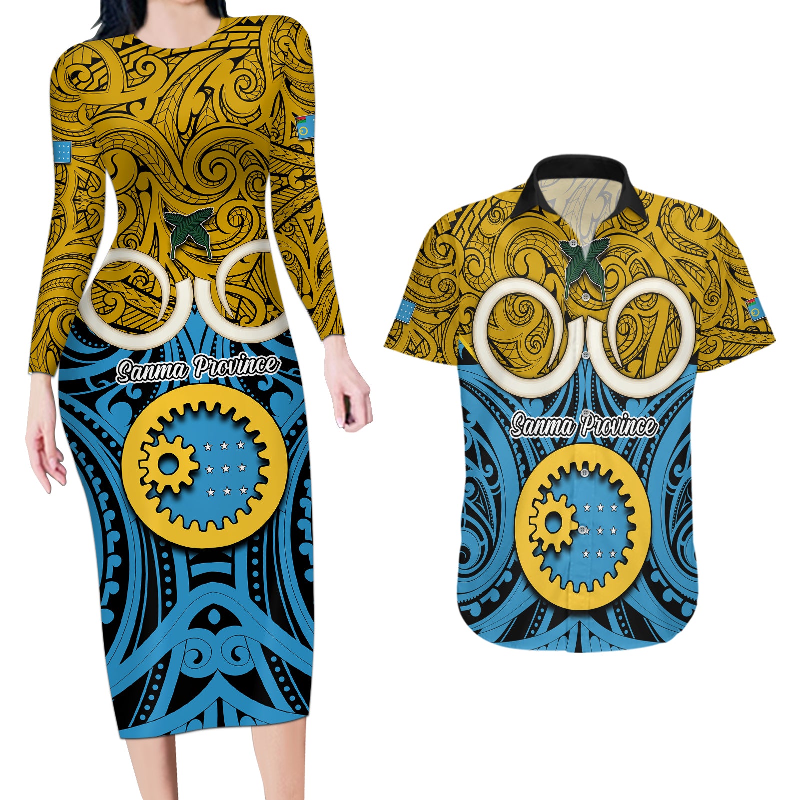 Vanuatu Sanma Province Couples Matching Long Sleeve Bodycon Dress and Hawaiian Shirt Pig Tusk Mix Maori Pattern and Namele Leaf LT03 Blue - Polynesian Pride