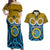 Vanuatu Sanma Province Couples Matching Off Shoulder Maxi Dress and Hawaiian Shirt Pig Tusk Mix Maori Pattern and Namele Leaf LT03 Blue - Polynesian Pride