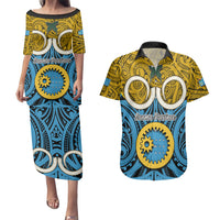 Vanuatu Sanma Province Couples Matching Puletasi Dress and Hawaiian Shirt Pig Tusk Mix Maori Pattern and Namele Leaf LT03 Blue - Polynesian Pride
