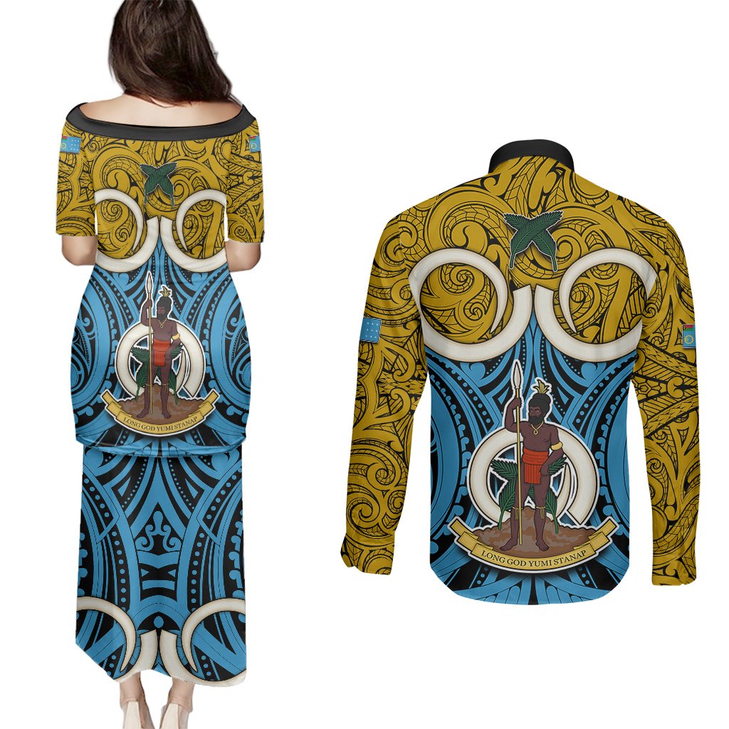 Vanuatu Sanma Province Couples Matching Puletasi Dress and Long Sleeve Button Shirts Pig Tusk Mix Maori Pattern and Namele Leaf LT03 - Polynesian Pride