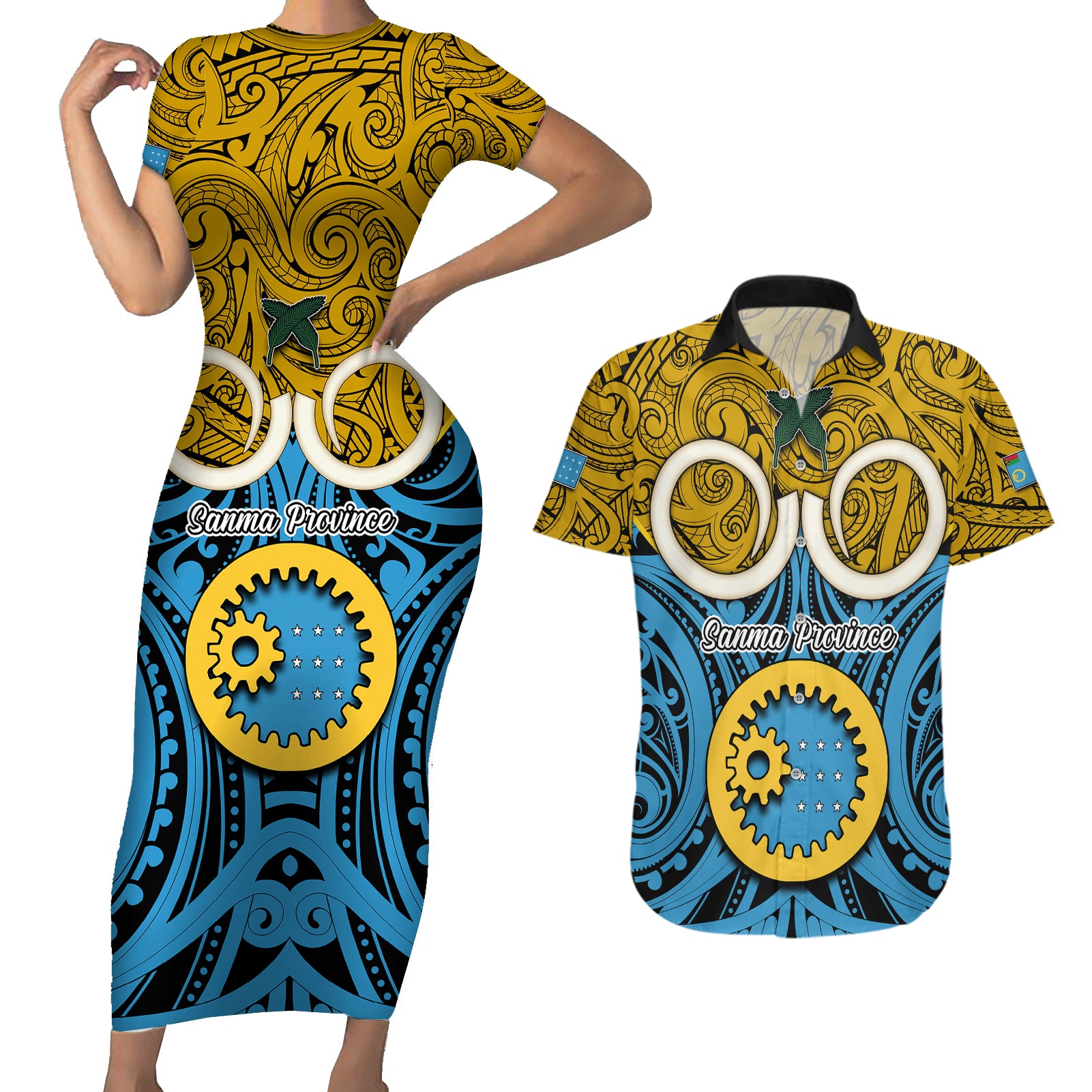 Vanuatu Sanma Province Couples Matching Short Sleeve Bodycon Dress and Hawaiian Shirt Pig Tusk Mix Maori Pattern and Namele Leaf LT03 Blue - Polynesian Pride