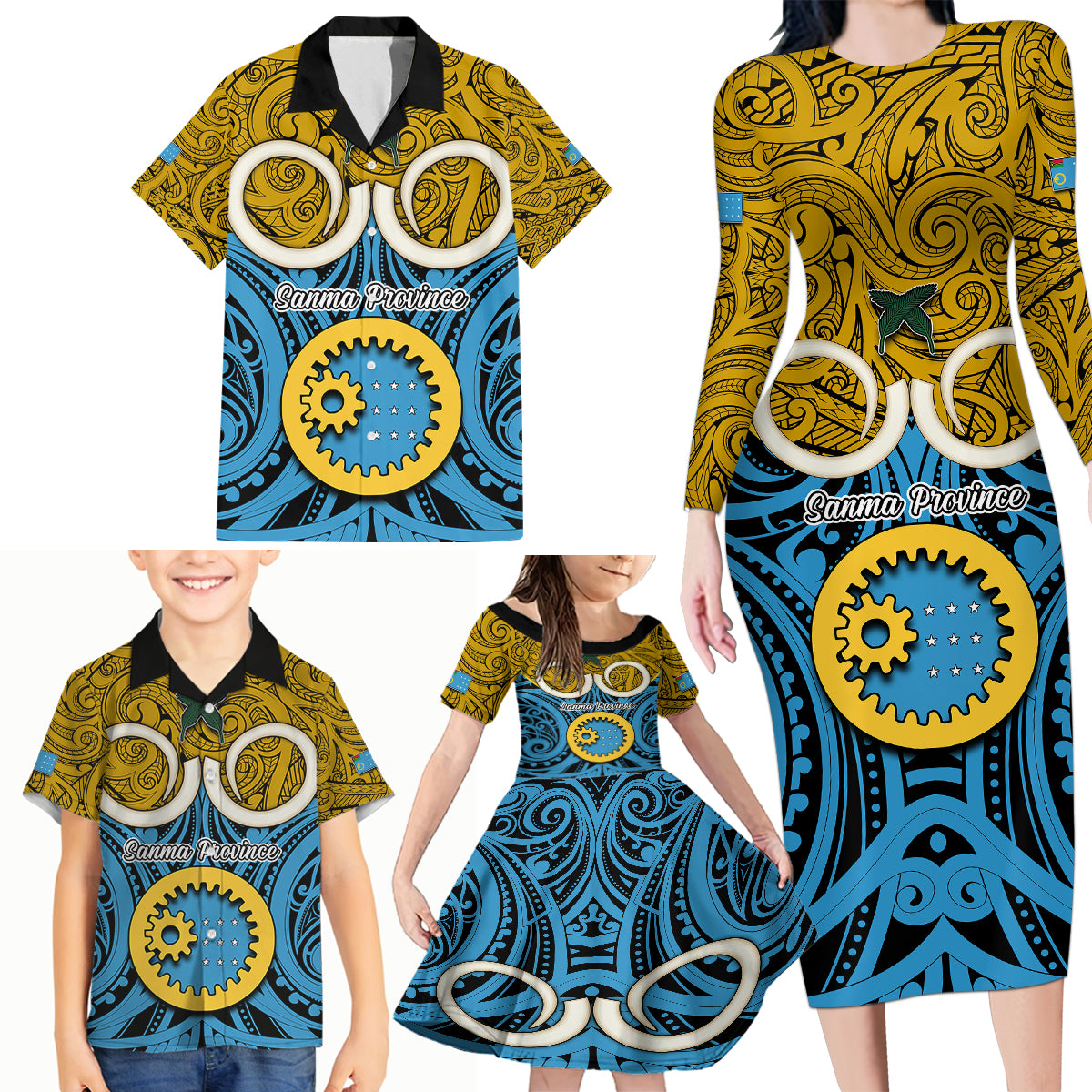 Vanuatu Sanma Province Family Matching Long Sleeve Bodycon Dress and Hawaiian Shirt Pig Tusk Mix Maori Pattern and Namele Leaf LT03 - Polynesian Pride