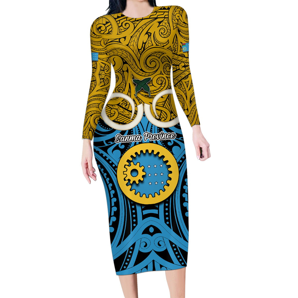 Vanuatu Sanma Province Family Matching Long Sleeve Bodycon Dress and Hawaiian Shirt Pig Tusk Mix Maori Pattern and Namele Leaf LT03 Mom's Dress Blue - Polynesian Pride
