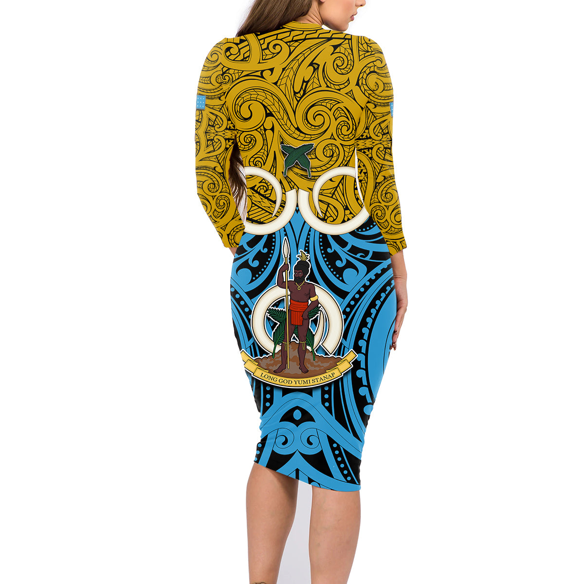 Vanuatu Sanma Province Family Matching Long Sleeve Bodycon Dress and Hawaiian Shirt Pig Tusk Mix Maori Pattern and Namele Leaf LT03 - Polynesian Pride
