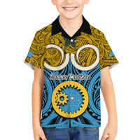 Vanuatu Sanma Province Family Matching Mermaid Dress and Hawaiian Shirt Pig Tusk Mix Maori Pattern and Namele Leaf LT03 Son's Shirt Blue - Polynesian Pride