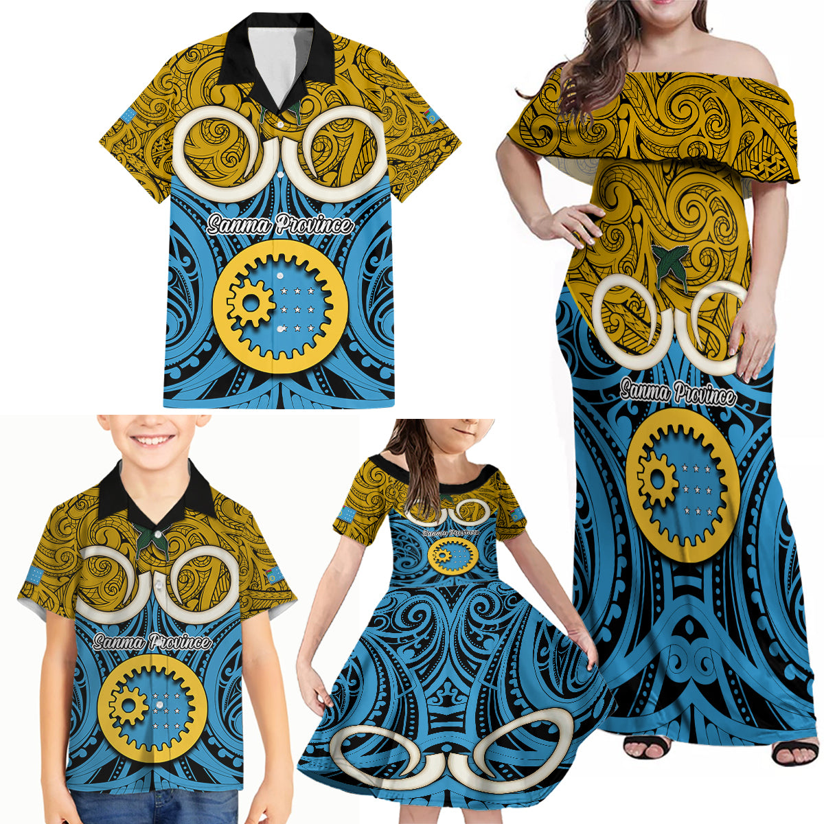 Vanuatu Sanma Province Family Matching Off Shoulder Maxi Dress and Hawaiian Shirt Pig Tusk Mix Maori Pattern and Namele Leaf LT03 - Polynesian Pride