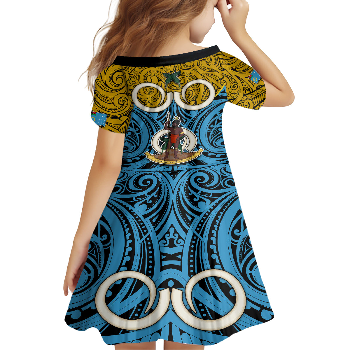 Vanuatu Sanma Province Kid Short Sleeve Dress Pig Tusk Mix Maori Pattern and Namele Leaf LT03 - Polynesian Pride