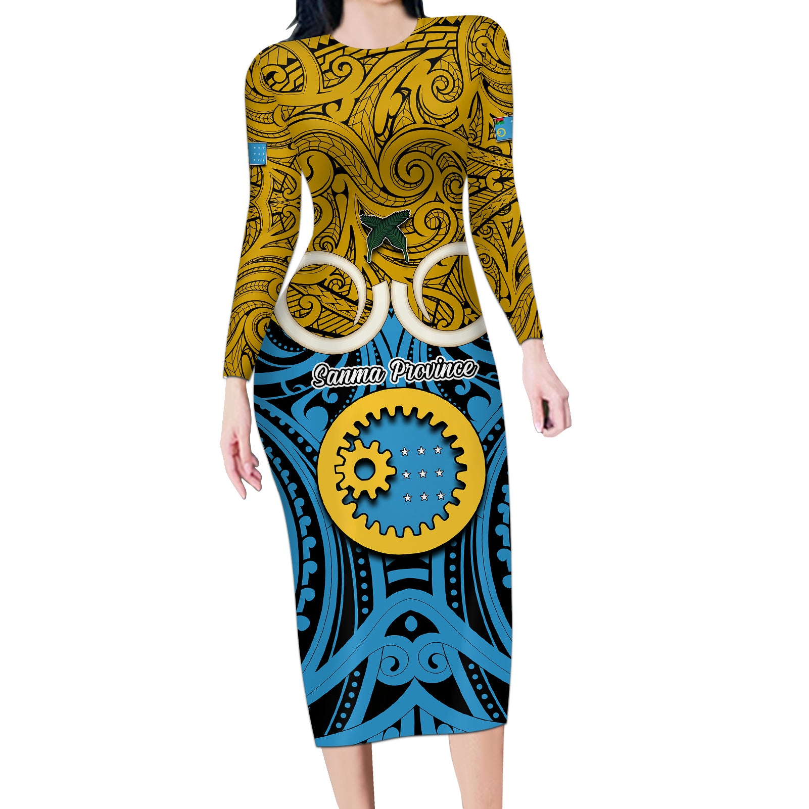 Vanuatu Sanma Province Long Sleeve Bodycon Dress Pig Tusk Mix Maori Pattern and Namele Leaf LT03 Long Dress Blue - Polynesian Pride