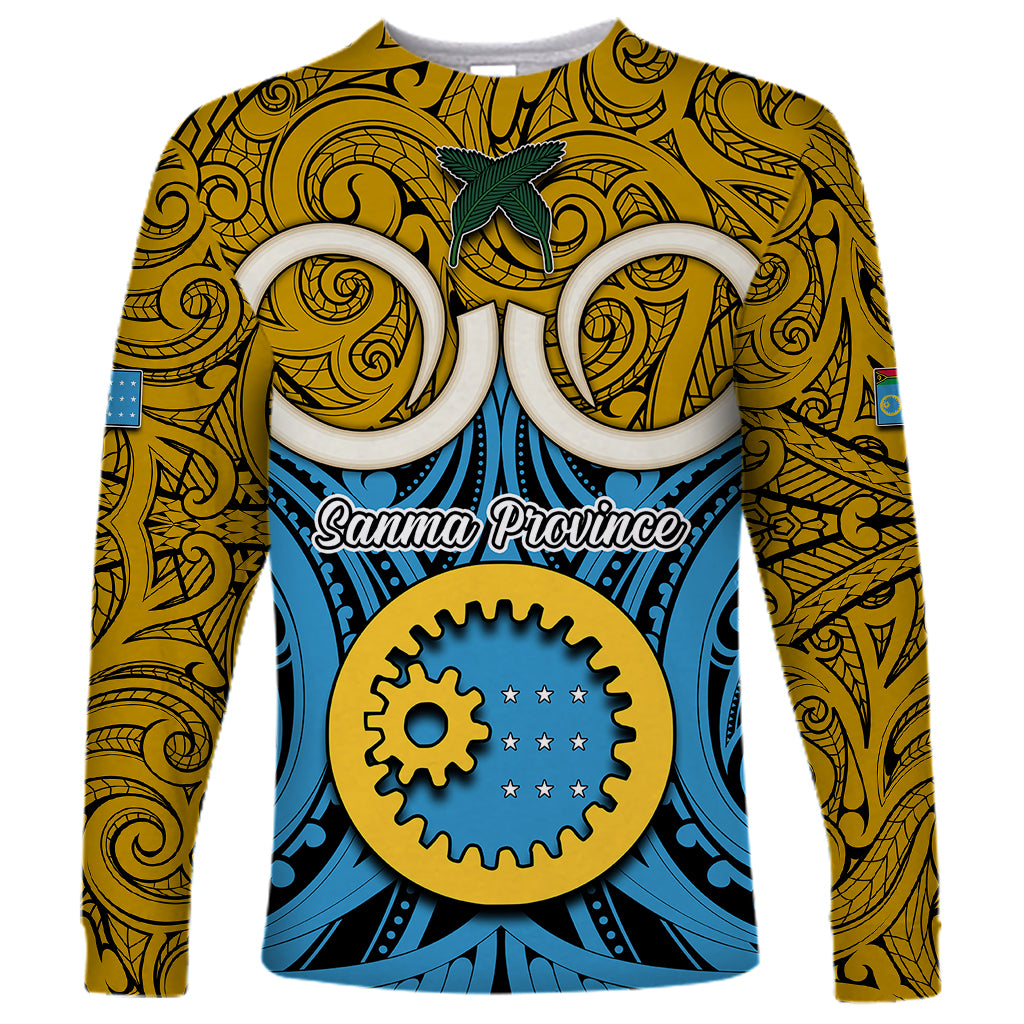 Vanuatu Sanma Province Long Sleeve Shirt Pig Tusk Mix Maori Pattern and Namele Leaf LT03 Unisex Blue - Polynesian Pride