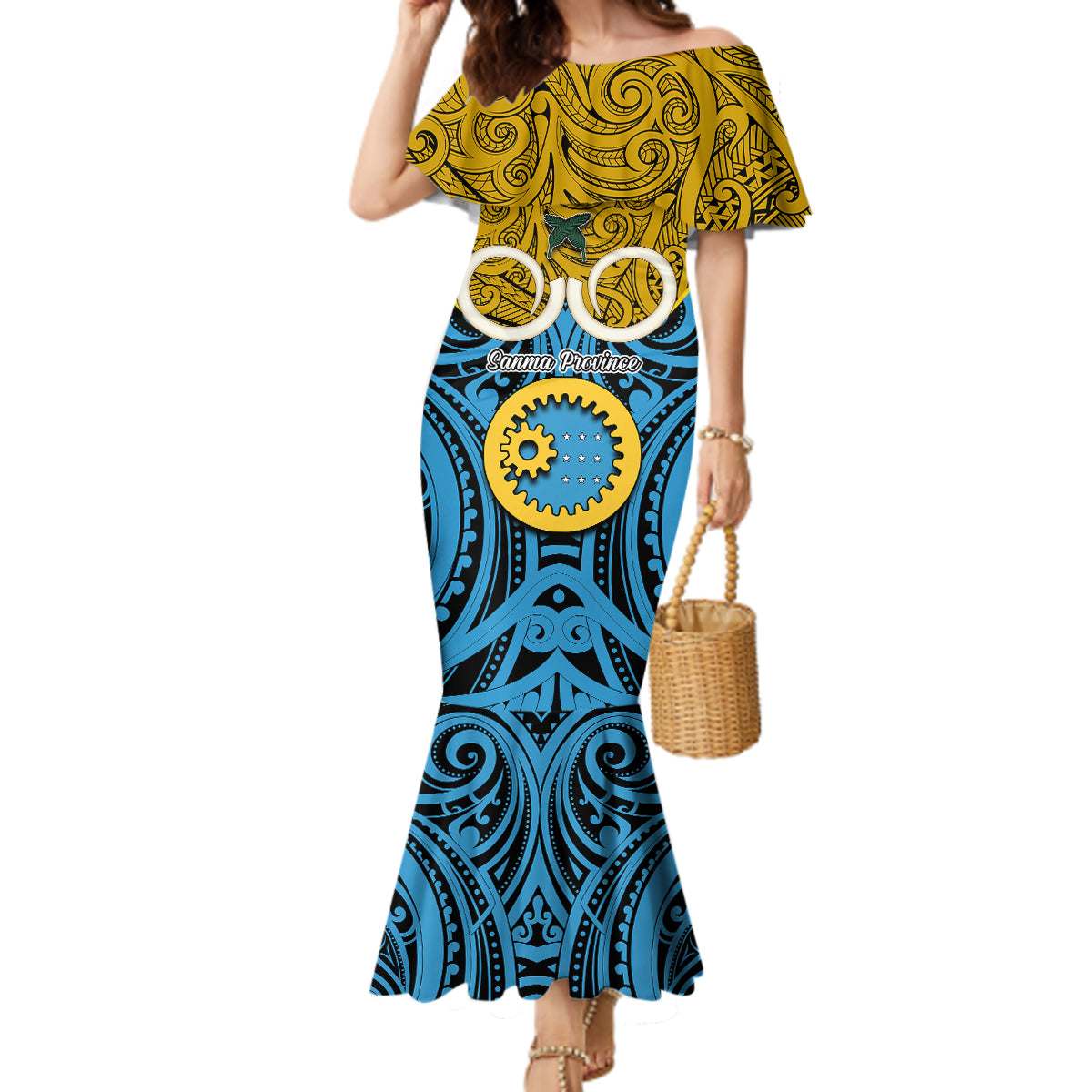 Vanuatu Sanma Province Mermaid Dress Pig Tusk Mix Maori Pattern and Namele Leaf LT03 Women Blue - Polynesian Pride