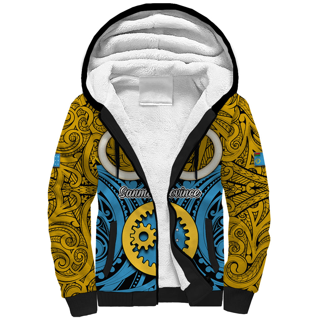 Vanuatu Sanma Province Sherpa Hoodie Pig Tusk Mix Maori Pattern and Namele Leaf LT03 Unisex Blue - Polynesian Pride