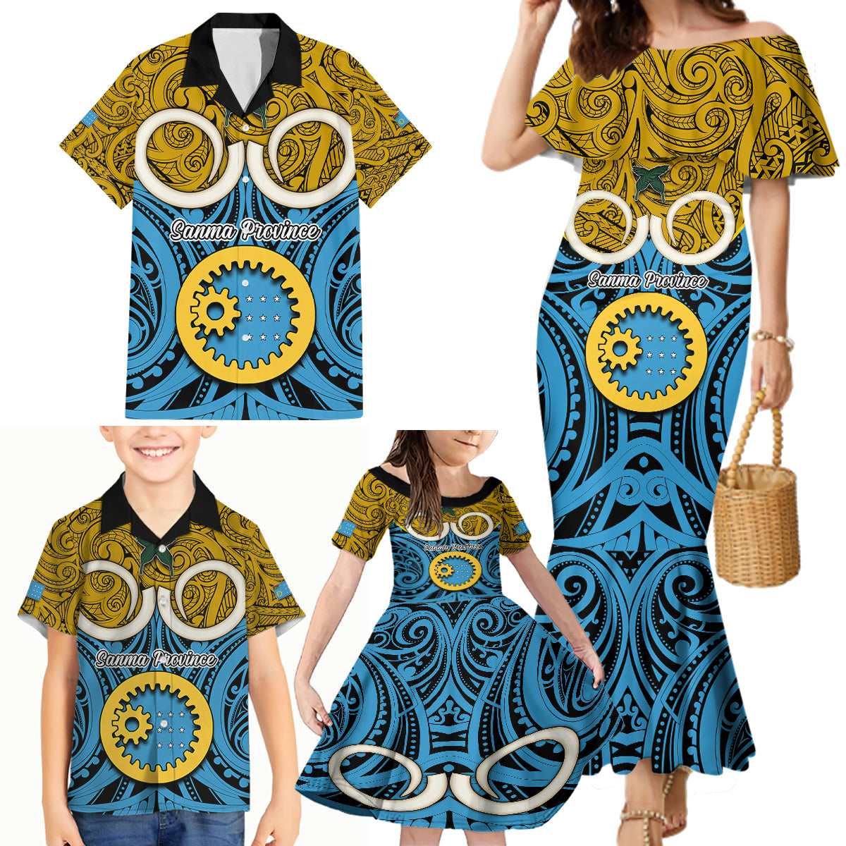 Personalised Vanuatu Sanma Province Family Matching Mermaid Dress and Hawaiian Shirt Pig Tusk Mix Maori Pattern and Namele Leaf LT03 - Polynesian Pride