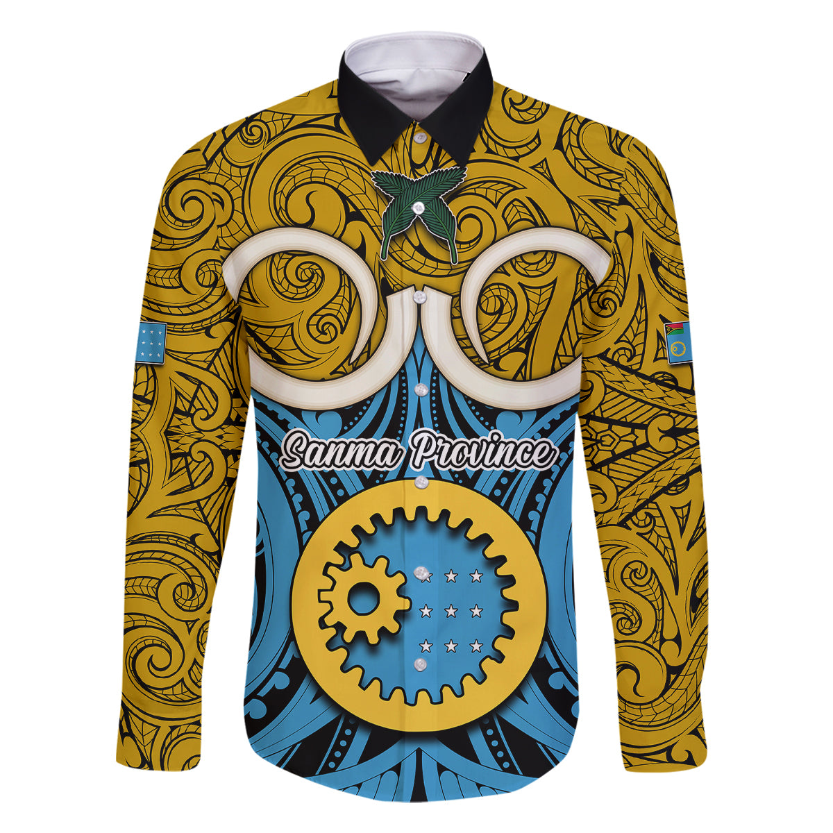 Personalised Vanuatu Sanma Province Family Matching Off Shoulder Maxi Dress and Hawaiian Shirt Pig Tusk Mix Maori Pattern and Namele Leaf LT03 Dad's Shirt - Long Sleeve Blue - Polynesian Pride