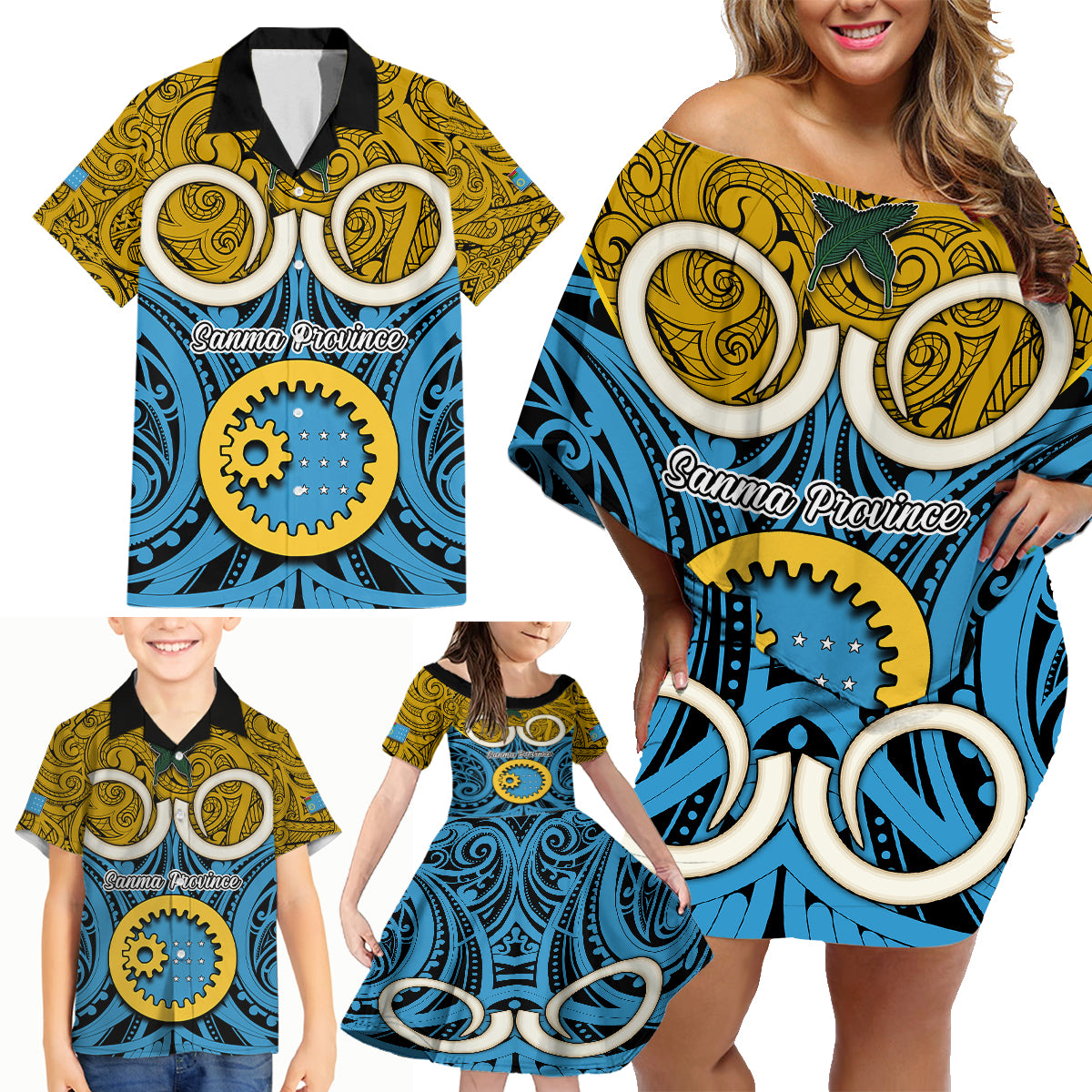 Personalised Vanuatu Sanma Province Family Matching Off Shoulder Short Dress and Hawaiian Shirt Pig Tusk Mix Maori Pattern and Namele Leaf LT03 - Polynesian Pride