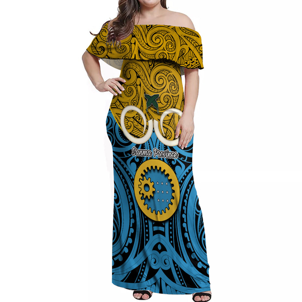 Personalised Vanuatu Sanma Province Off Shoulder Maxi Dress Pig Tusk Mix Maori Pattern and Namele Leaf LT03 Women Blue - Polynesian Pride