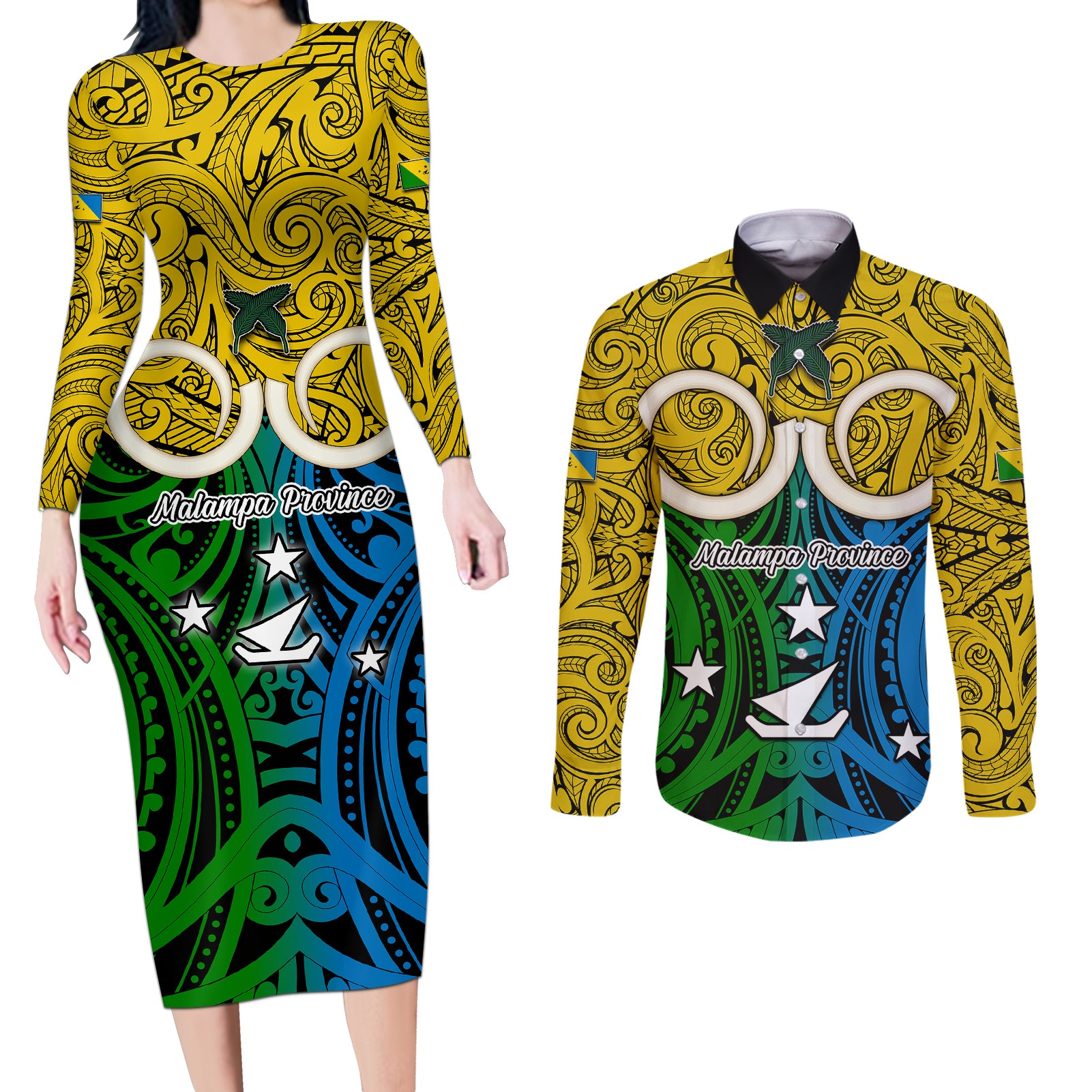 Vanuatu Malampa Province Couples Matching Long Sleeve Bodycon Dress and Long Sleeve Button Shirts Pig Tusk Mix Maori Pattern and Namele Leaf LT03 Yellow - Polynesian Pride