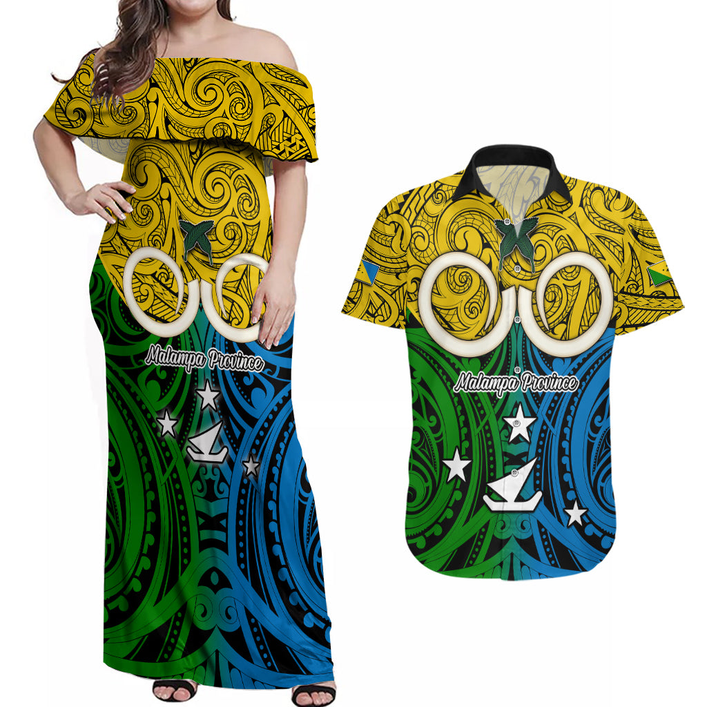 Vanuatu Malampa Province Couples Matching Off Shoulder Maxi Dress and Hawaiian Shirt Pig Tusk Mix Maori Pattern and Namele Leaf LT03 Yellow - Polynesian Pride