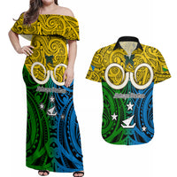 Vanuatu Malampa Province Couples Matching Off Shoulder Maxi Dress and Hawaiian Shirt Pig Tusk Mix Maori Pattern and Namele Leaf LT03 Yellow - Polynesian Pride