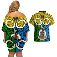 Vanuatu Malampa Province Couples Matching Off Shoulder Short Dress and Hawaiian Shirt Pig Tusk Mix Maori Pattern and Namele Leaf LT03 - Polynesian Pride
