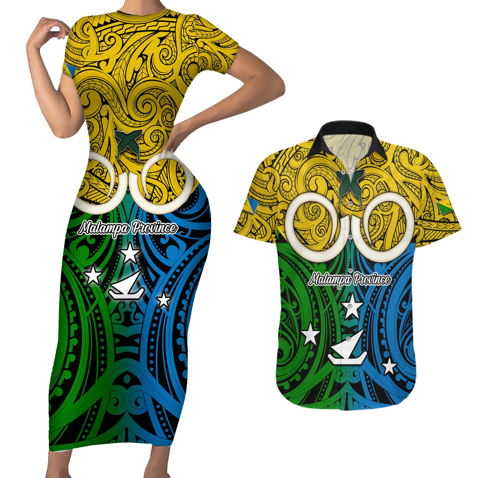 Vanuatu Malampa Province Couples Matching Short Sleeve Bodycon Dress and Hawaiian Shirt Pig Tusk Mix Maori Pattern and Namele Leaf LT03 Yellow - Polynesian Pride