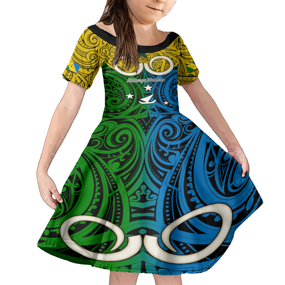Vanuatu Malampa Province Family Matching Mermaid Dress and Hawaiian Shirt Pig Tusk Mix Maori Pattern and Namele Leaf LT03 Daughter's Dress Yellow - Polynesian Pride