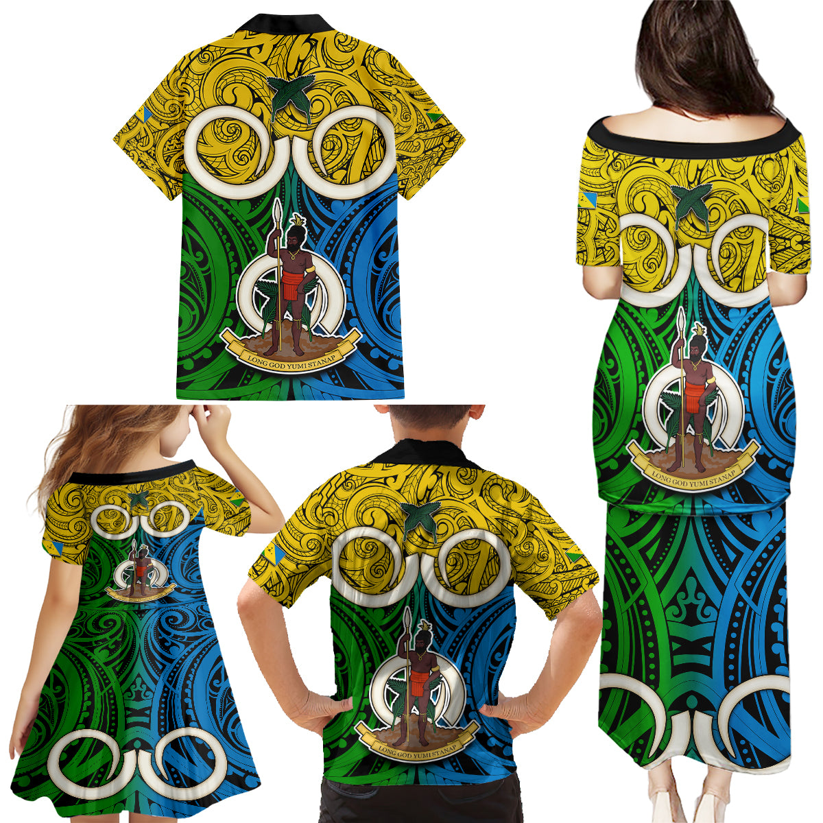 Vanuatu Malampa Province Family Matching Puletasi Dress and Hawaiian Shirt Pig Tusk Mix Maori Pattern and Namele Leaf LT03 - Polynesian Pride