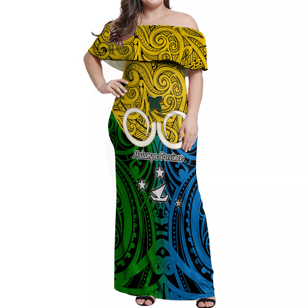 Vanuatu Malampa Province Off Shoulder Maxi Dress Pig Tusk Mix Maori Pattern and Namele Leaf LT03 Women Yellow - Polynesian Pride