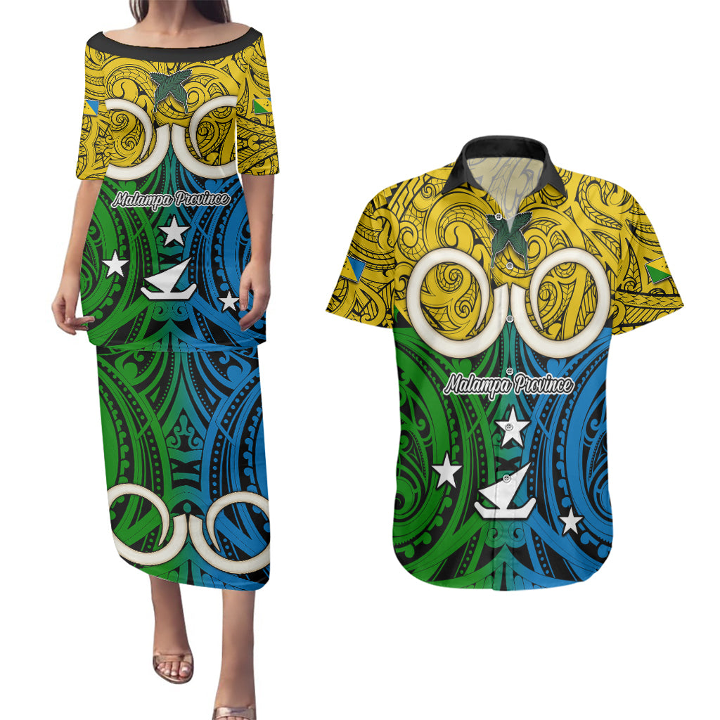 Personalised Vanuatu Malampa Province Couples Matching Puletasi Dress and Hawaiian Shirt Pig Tusk Mix Maori Pattern and Namele Leaf LT03 Yellow - Polynesian Pride
