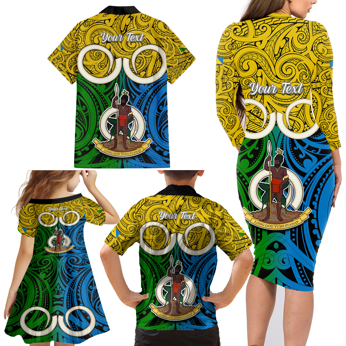 Personalised Vanuatu Malampa Province Family Matching Long Sleeve Bodycon Dress and Hawaiian Shirt Pig Tusk Mix Maori Pattern and Namele Leaf LT03 - Polynesian Pride
