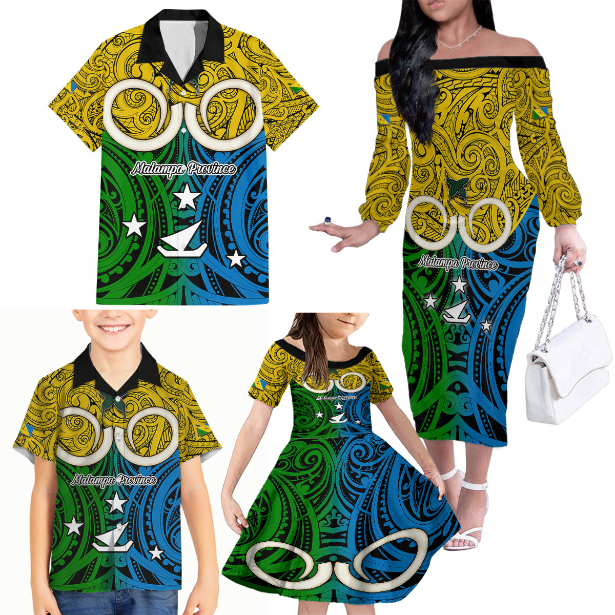 Personalised Vanuatu Malampa Province Family Matching Off Shoulder Long Sleeve Dress and Hawaiian Shirt Pig Tusk Mix Maori Pattern and Namele Leaf LT03 - Polynesian Pride