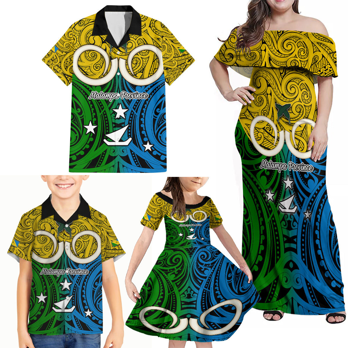 Personalised Vanuatu Malampa Province Family Matching Off Shoulder Maxi Dress and Hawaiian Shirt Pig Tusk Mix Maori Pattern and Namele Leaf LT03 - Polynesian Pride