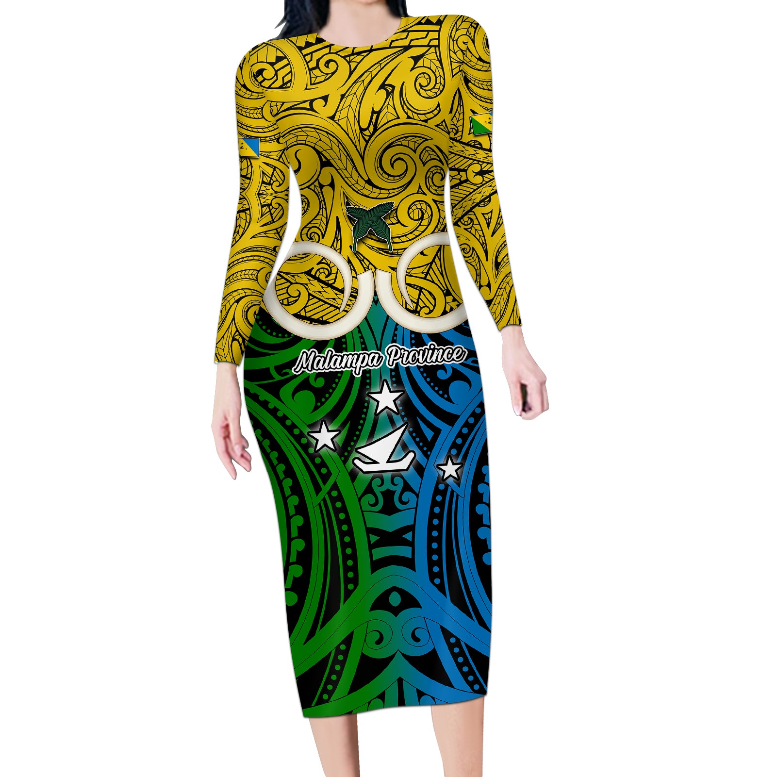 Personalised Vanuatu Malampa Province Long Sleeve Bodycon Dress Pig Tusk Mix Maori Pattern and Namele Leaf LT03 Long Dress Yellow - Polynesian Pride