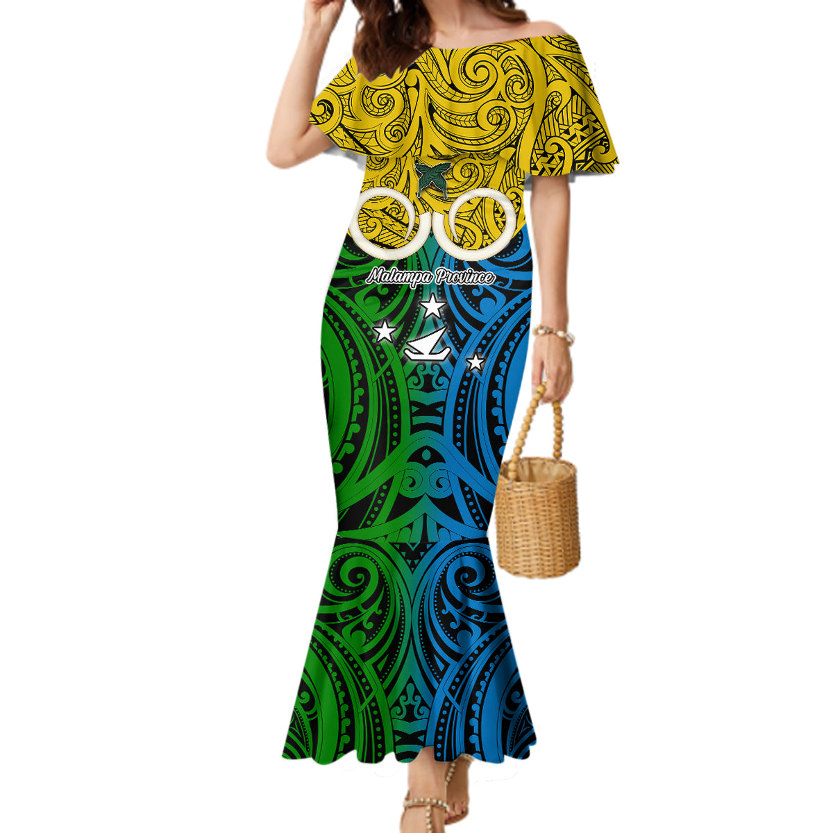 Personalised Vanuatu Malampa Province Mermaid Dress Pig Tusk Mix Maori Pattern and Namele Leaf LT03 Women Yellow - Polynesian Pride