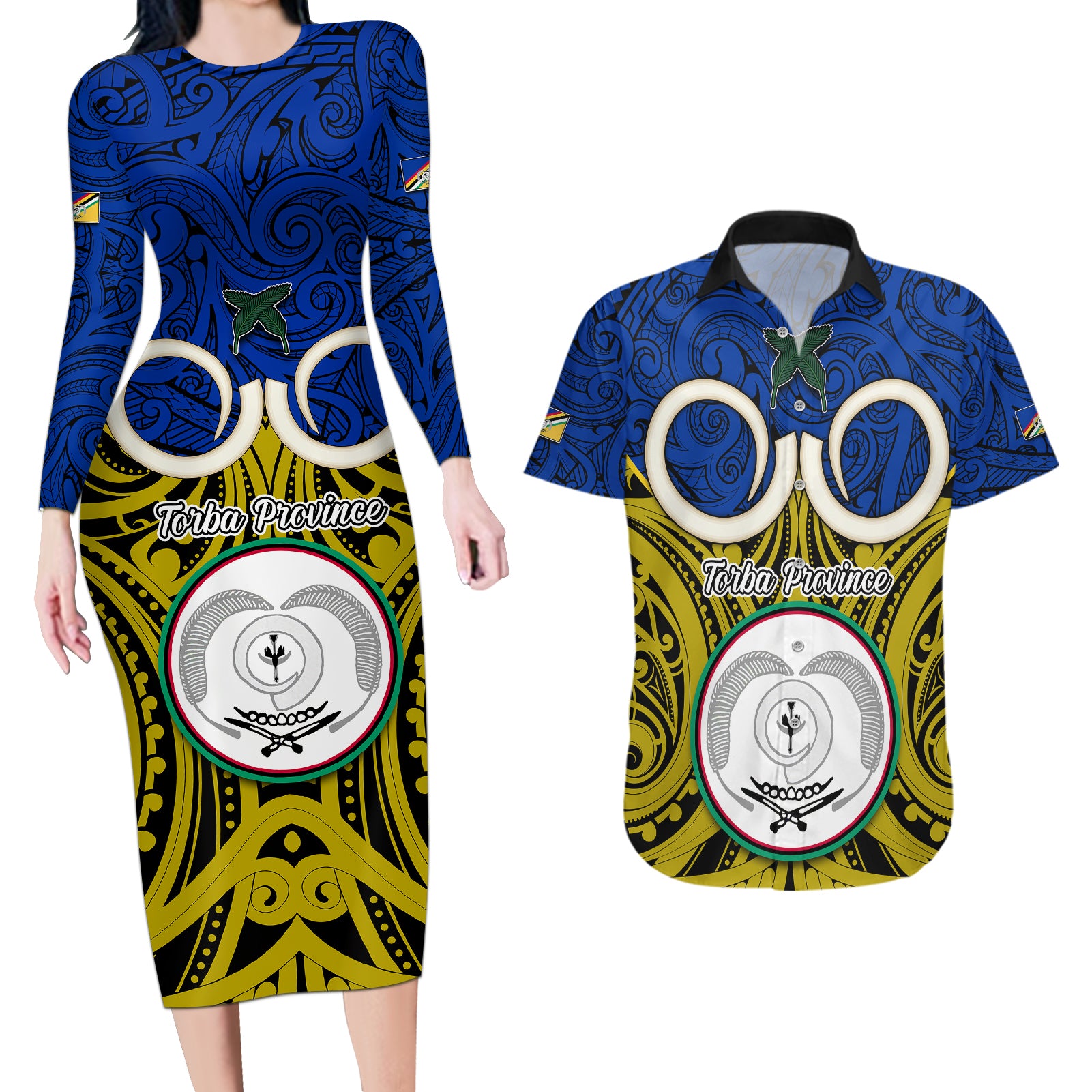 Vanuatu Torba Province Couples Matching Long Sleeve Bodycon Dress and Hawaiian Shirt Pig Tusk Mix Maori Pattern and Namele Leaf LT03 Blue - Polynesian Pride