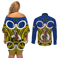 Vanuatu Torba Province Couples Matching Off Shoulder Short Dress and Long Sleeve Button Shirts Pig Tusk Mix Maori Pattern and Namele Leaf LT03 - Polynesian Pride