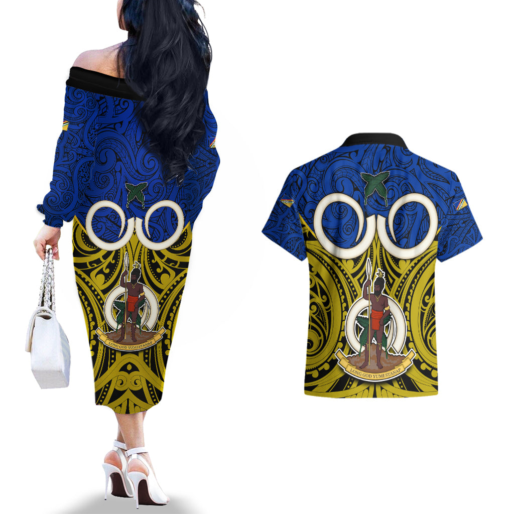 Vanuatu Torba Province Couples Matching Off The Shoulder Long Sleeve Dress and Hawaiian Shirt Pig Tusk Mix Maori Pattern and Namele Leaf LT03 - Polynesian Pride