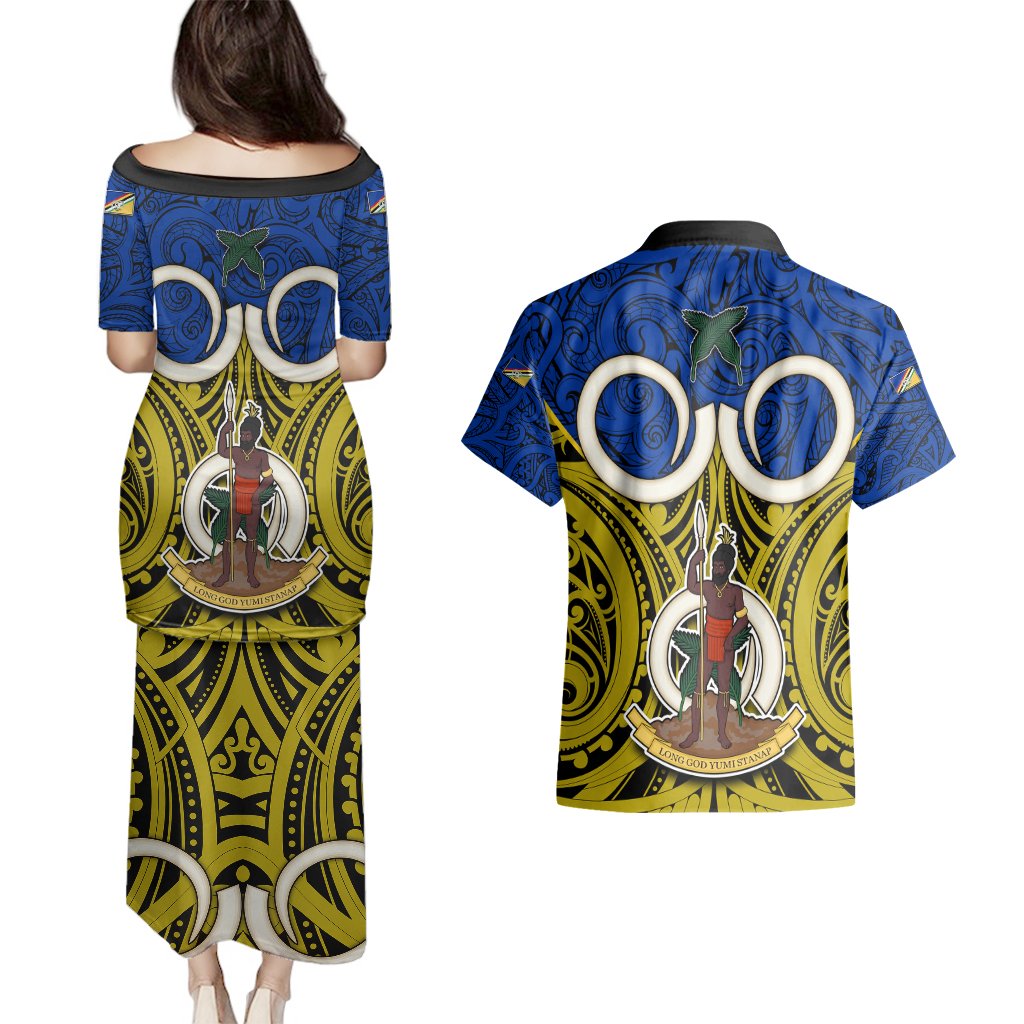 Vanuatu Torba Province Couples Matching Puletasi Dress and Hawaiian Shirt Pig Tusk Mix Maori Pattern and Namele Leaf LT03 - Polynesian Pride