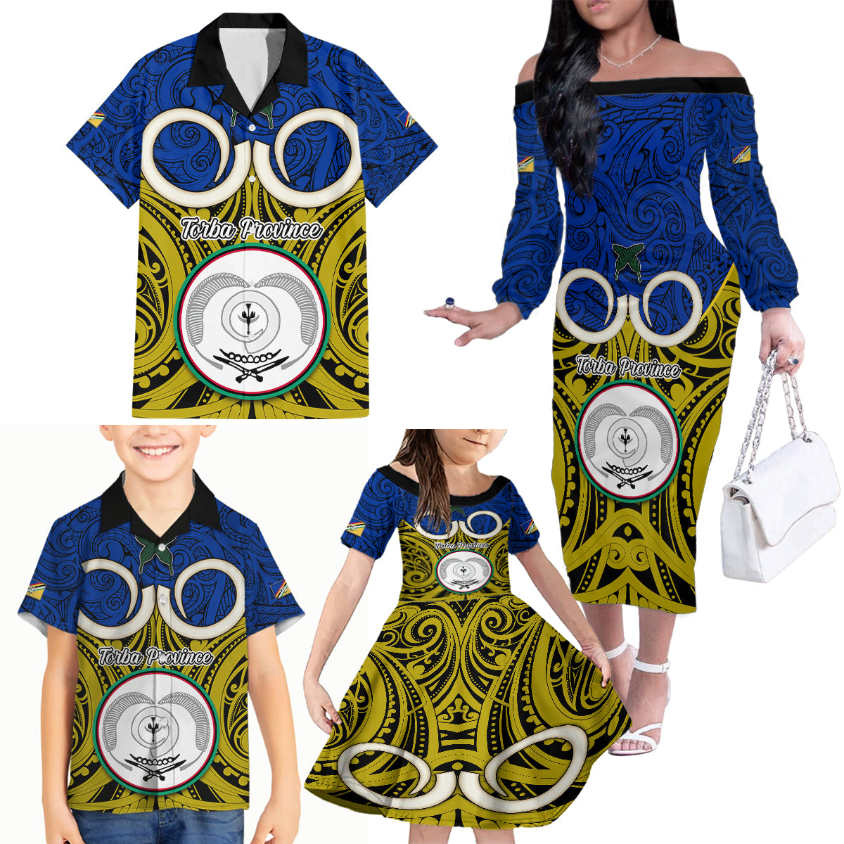 Vanuatu Torba Province Family Matching Off Shoulder Long Sleeve Dress and Hawaiian Shirt Pig Tusk Mix Maori Pattern and Namele Leaf LT03 - Polynesian Pride