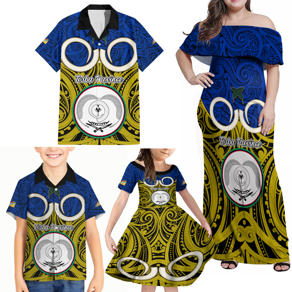 Vanuatu Torba Province Family Matching Off Shoulder Maxi Dress and Hawaiian Shirt Pig Tusk Mix Maori Pattern and Namele Leaf LT03 - Polynesian Pride