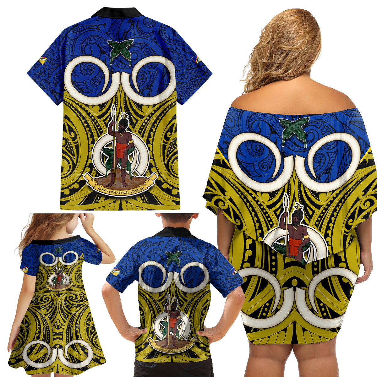 Vanuatu Torba Province Family Matching Off Shoulder Short Dress and Hawaiian Shirt Pig Tusk Mix Maori Pattern and Namele Leaf LT03 - Polynesian Pride